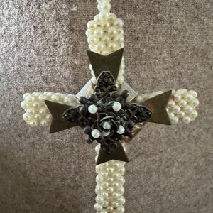 Pearl and Bronze Cross Pendant Necklace